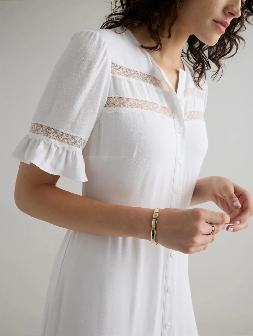 Quince Lightweight Crepe With Lace Insert Midi Dress Ivory NWT - Picture 4 of 4